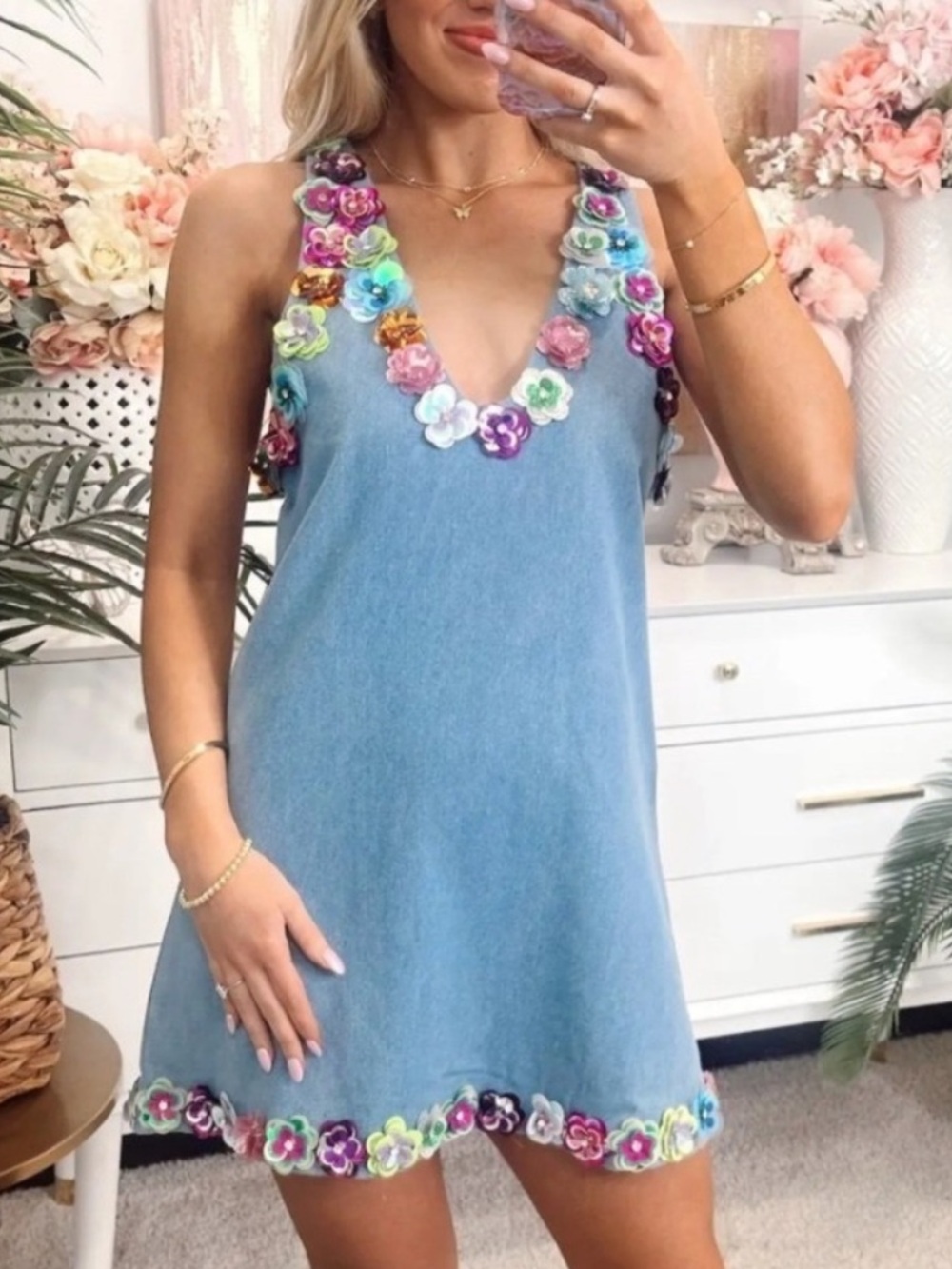 Queen of Sparkles Floral Sequin Embellished Denim Shift Dress Womens XS